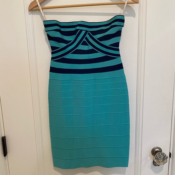 SMALL HERVE LEGER TURQUOISE/BLUE STRIPE BANDAGE DRESS - Picture 1 of 2